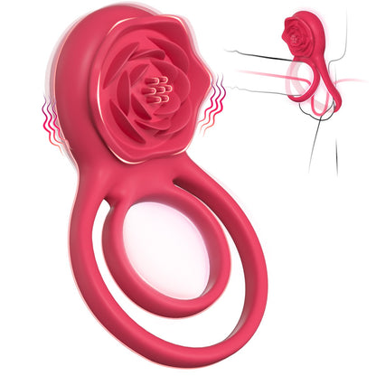 Vibrating Cock Ring with Rose Clitoral Stimulator, Pleasure Penis Ring Vibrator Couples