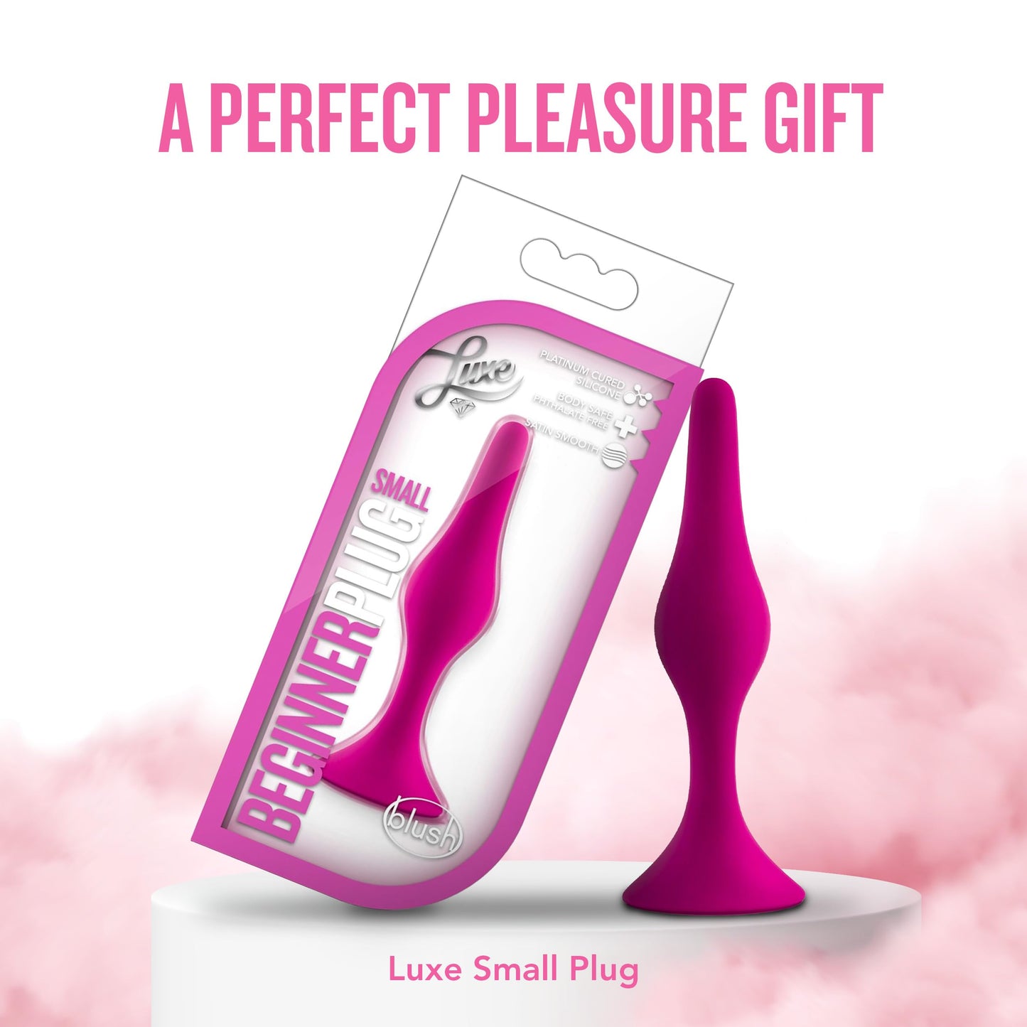 Blush Luxe Beginner 3.25" Silicone Butt Plug - Satin Smooth Anal Trainer with Soft Tapered Tip and Suction Cup Base - Slim Bum Plug Adult Sex Toy for Women, Men & Couples - (Pink)