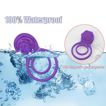 Vibrating Cock Ring with Rose Clitoral Stimulator, Pleasure Penis Ring Vibrator Couples
