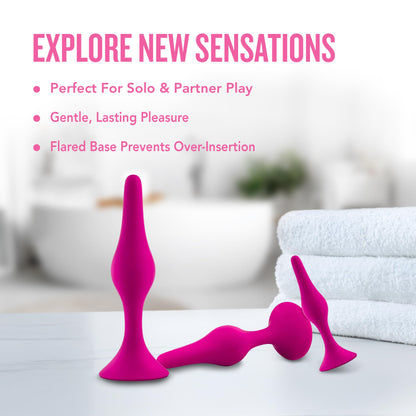 Blush Luxe Beginner 3.25" Silicone Butt Plug - Satin Smooth Anal Trainer with Soft Tapered Tip and Suction Cup Base - Slim Bum Plug Adult Sex Toy for Women, Men & Couples - (Pink)