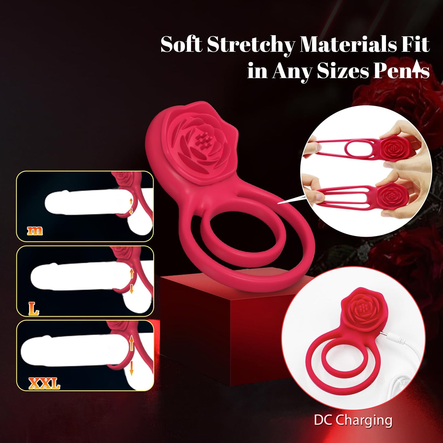 Vibrating Cock Ring with Rose Clitoral Stimulator, Pleasure Penis Ring Vibrator Couples