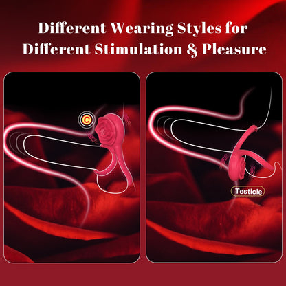 Vibrating Cock Ring with Rose Clitoral Stimulator, Pleasure Penis Ring Vibrator Couples