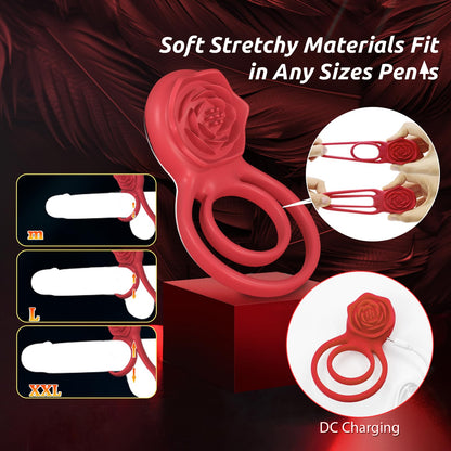 Vibrating Cock Ring with Rose Clitoral Stimulator, Pleasure Penis Ring Vibrator Couples