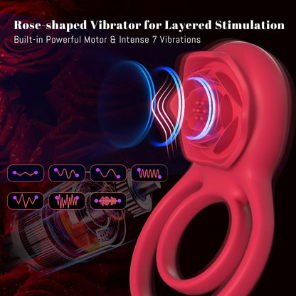 Vibrating Cock Ring with Rose Clitoral Stimulator, Pleasure Penis Ring Vibrator Couples