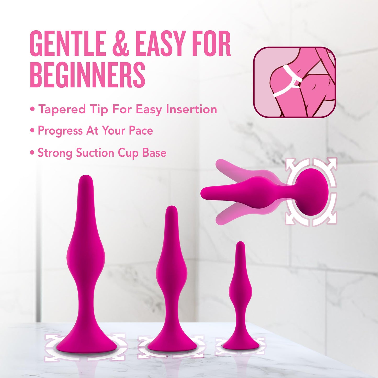 Blush Luxe Beginner 3.25" Silicone Butt Plug - Satin Smooth Anal Trainer with Soft Tapered Tip and Suction Cup Base - Slim Bum Plug Adult Sex Toy for Women, Men & Couples - (Pink)