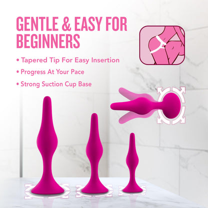 Blush Luxe Beginner 3.25" Silicone Butt Plug - Satin Smooth Anal Trainer with Soft Tapered Tip and Suction Cup Base - Slim Bum Plug Adult Sex Toy for Women, Men & Couples - (Pink)
